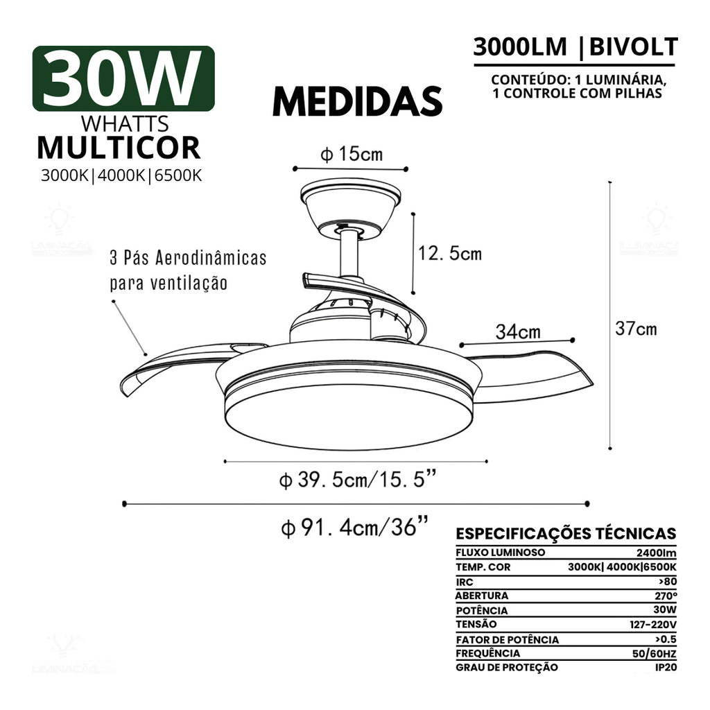 Ventilador de Teto Retrátil LED 42" — Branco Luz Lateral - Imagem 5